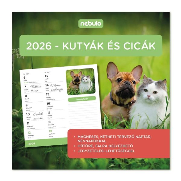 HŰTŐMÁGNESES NAPTÁR 2 HETI,JEGYZETELÉSI LEHETŐSÉGGEL 2026, KUTYA-CICÁK